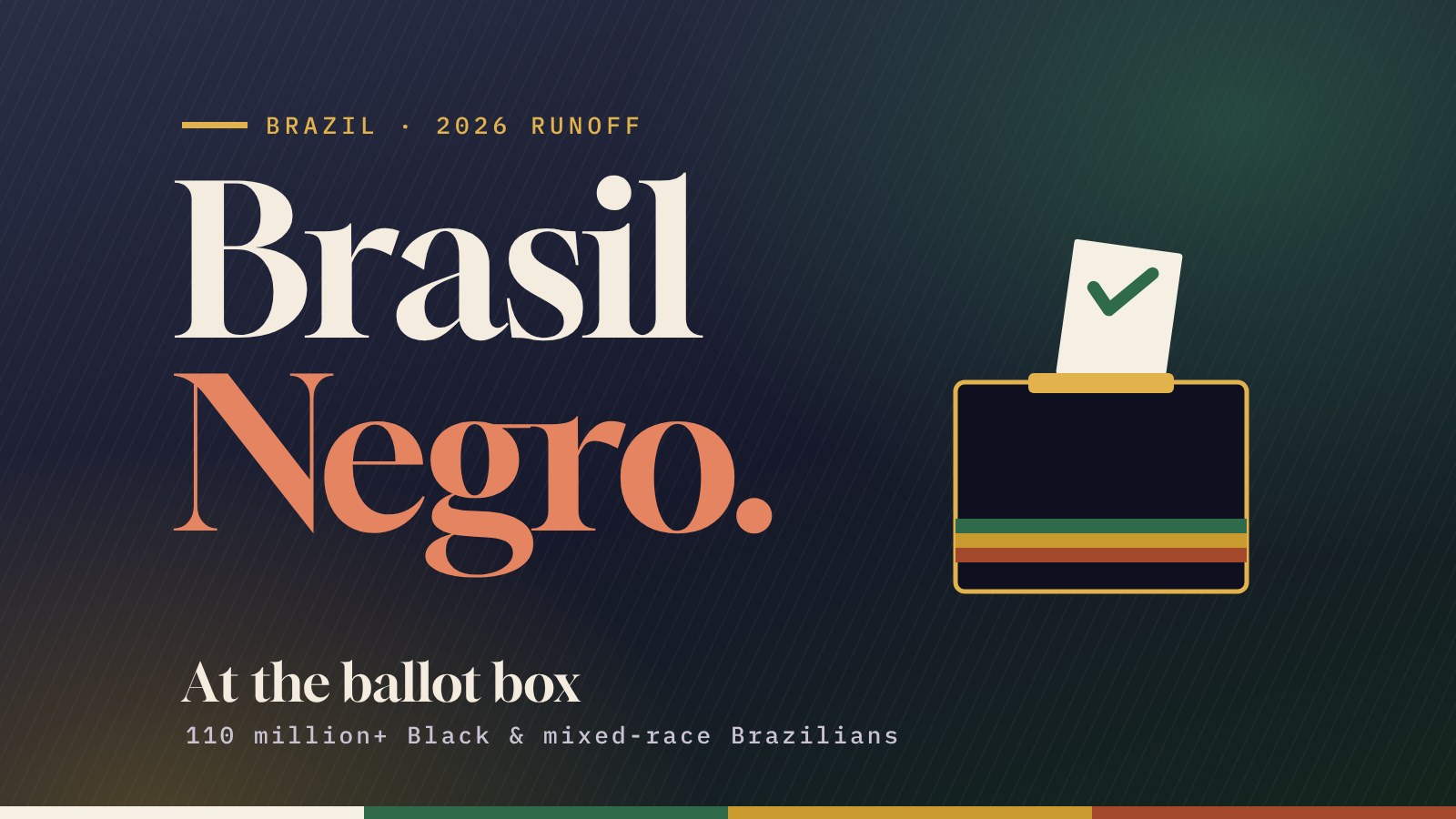 Graphic reading “Brasil Negro at the ballot box” with a ballot box, in ALAPA colors